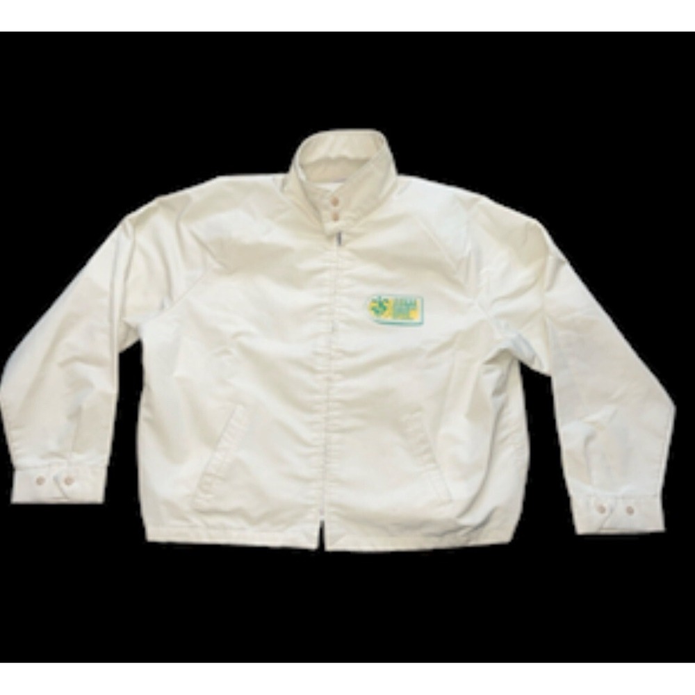 Vintage Birdie Stine Soybean seeds Golf Coat Jacket Men's XL Cream Tan USA